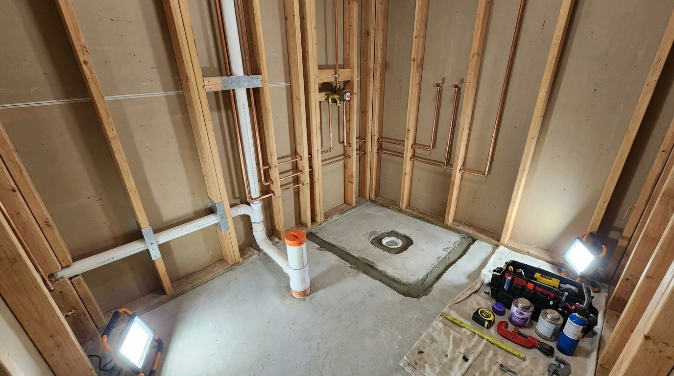 Bathroom rough-in plumbing during remodel by Johns Plumbing LLC in Wesson
