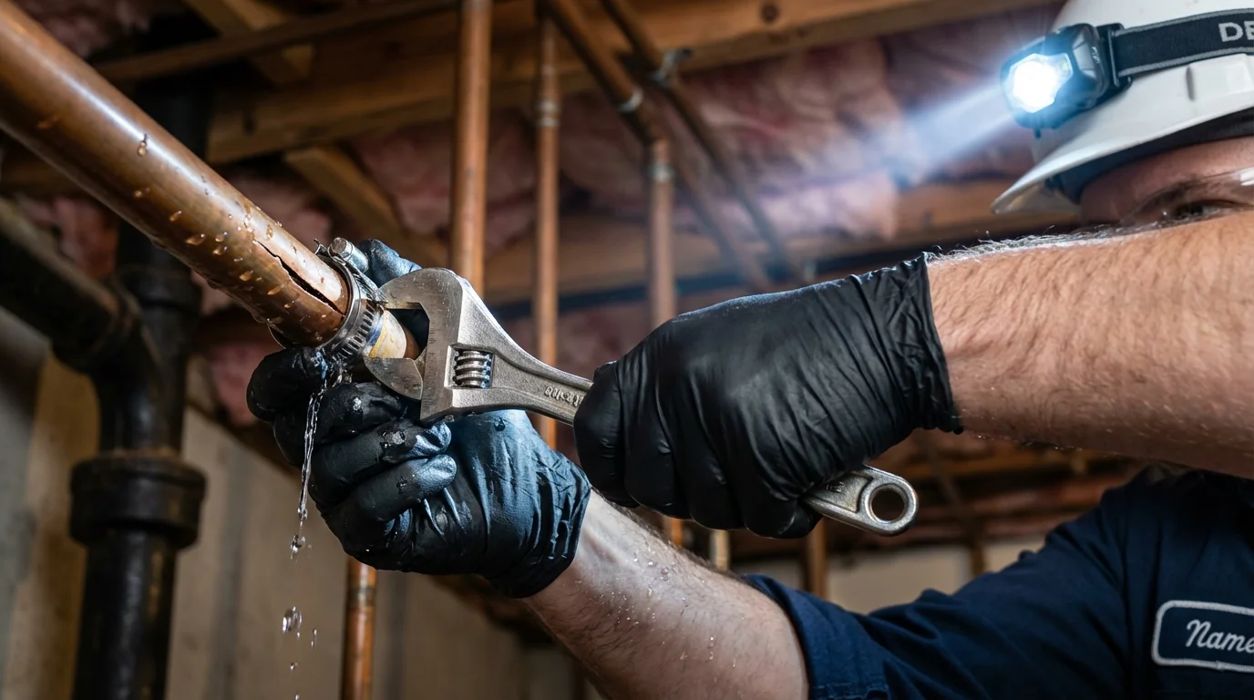 Emergency pipe clamp repair being performed by a Johns Plumbing LLC plumber in Wesson