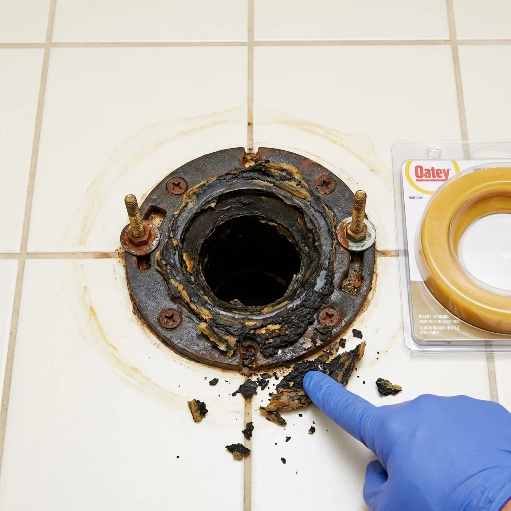 Failed wax ring showing water seepage at the base of a toilet in a Wesson, MS home