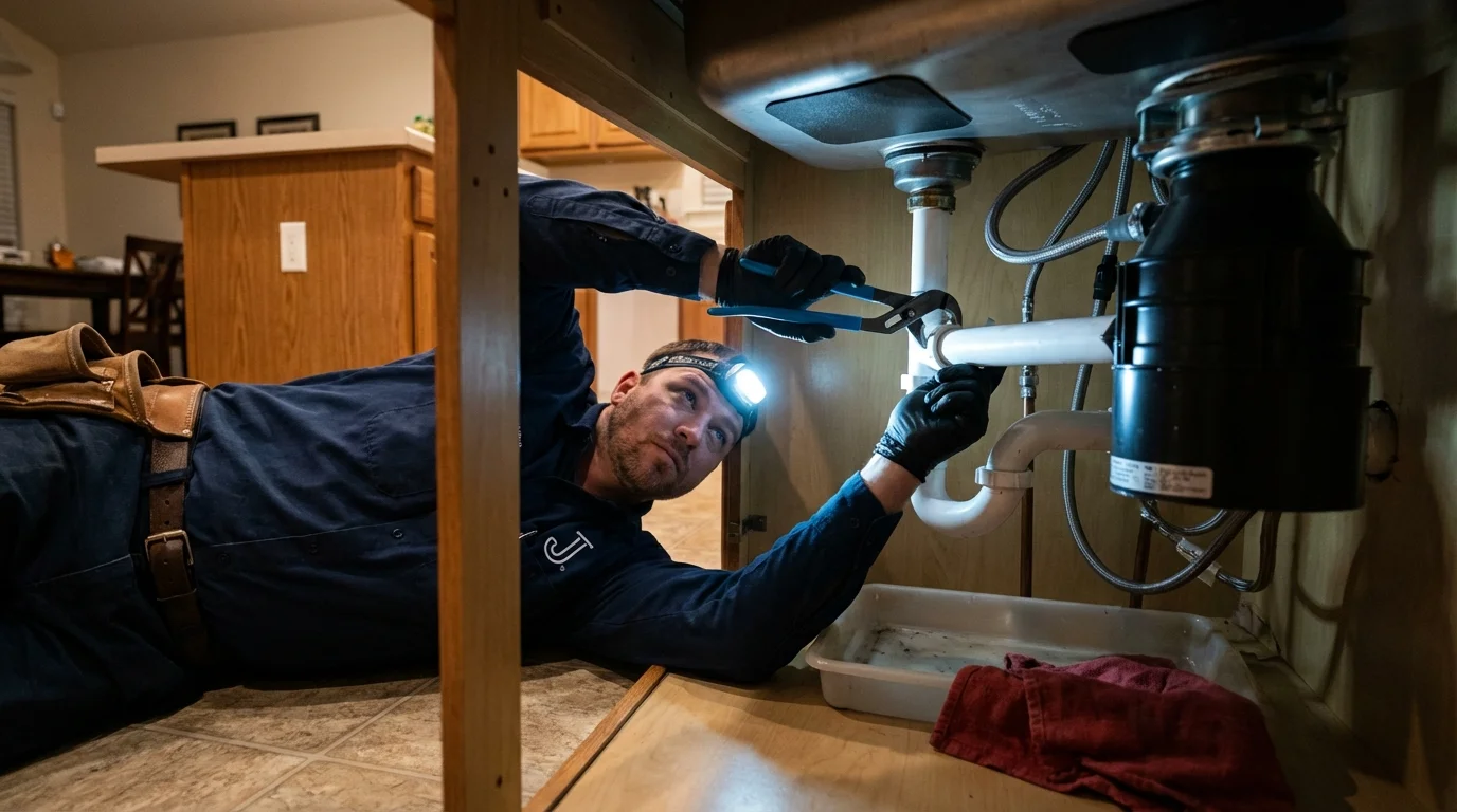 P-trap and supply line connections under a kitchen sink showing a common leak point in Wesson, MS